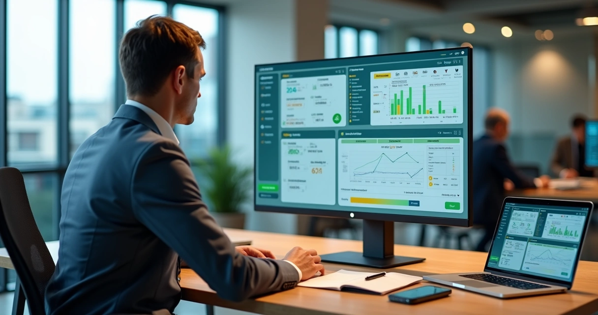Profissional analisando conciliação contábil em painel financeiro com gráficos e extratos bancários na tela 