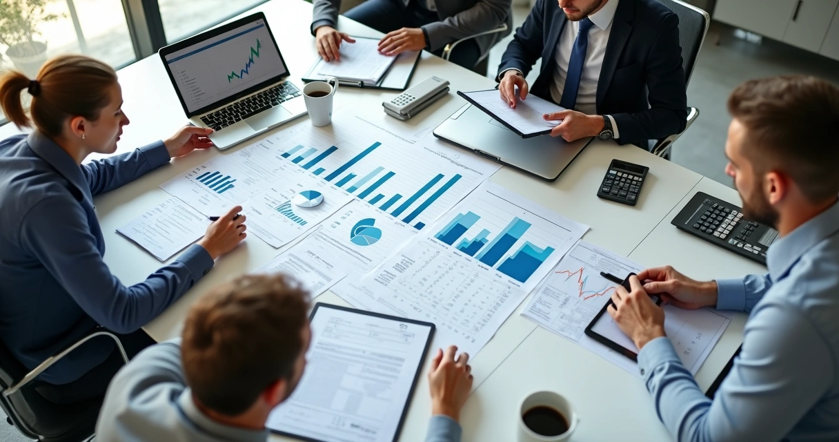 Profissionais de contabilidade analisando gráficos e extratos bancários em uma mesa