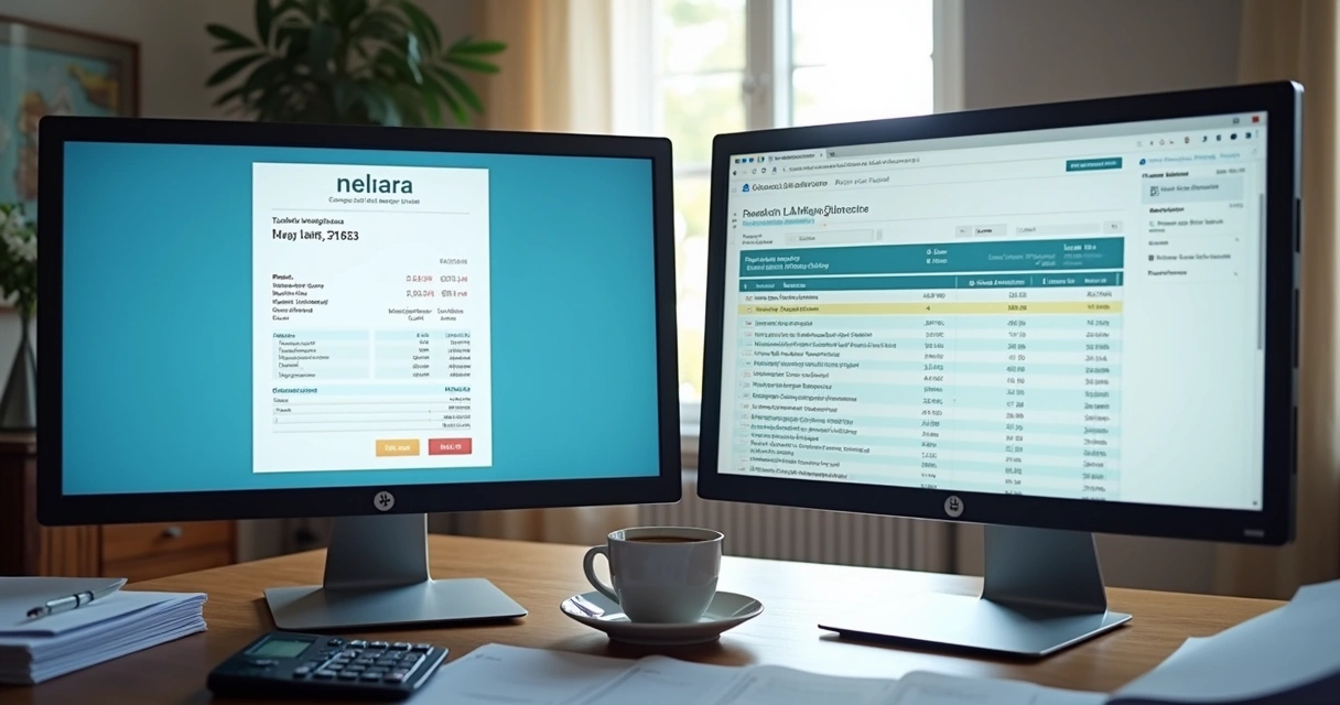 Monitor exibe sistema de conciliação contábil com código de cores 
