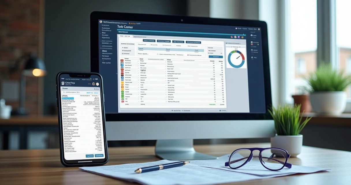 Tela de ERP e outro dispositivo mostrando extrato do banco digital 