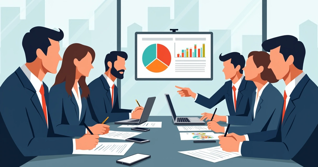 Equipe reunida à mesa analisando gráficos financeiros em um notebook 