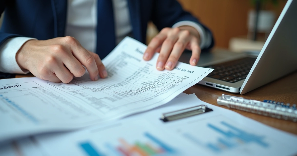 Conferência de extrato bancário e registros em uma mesa 