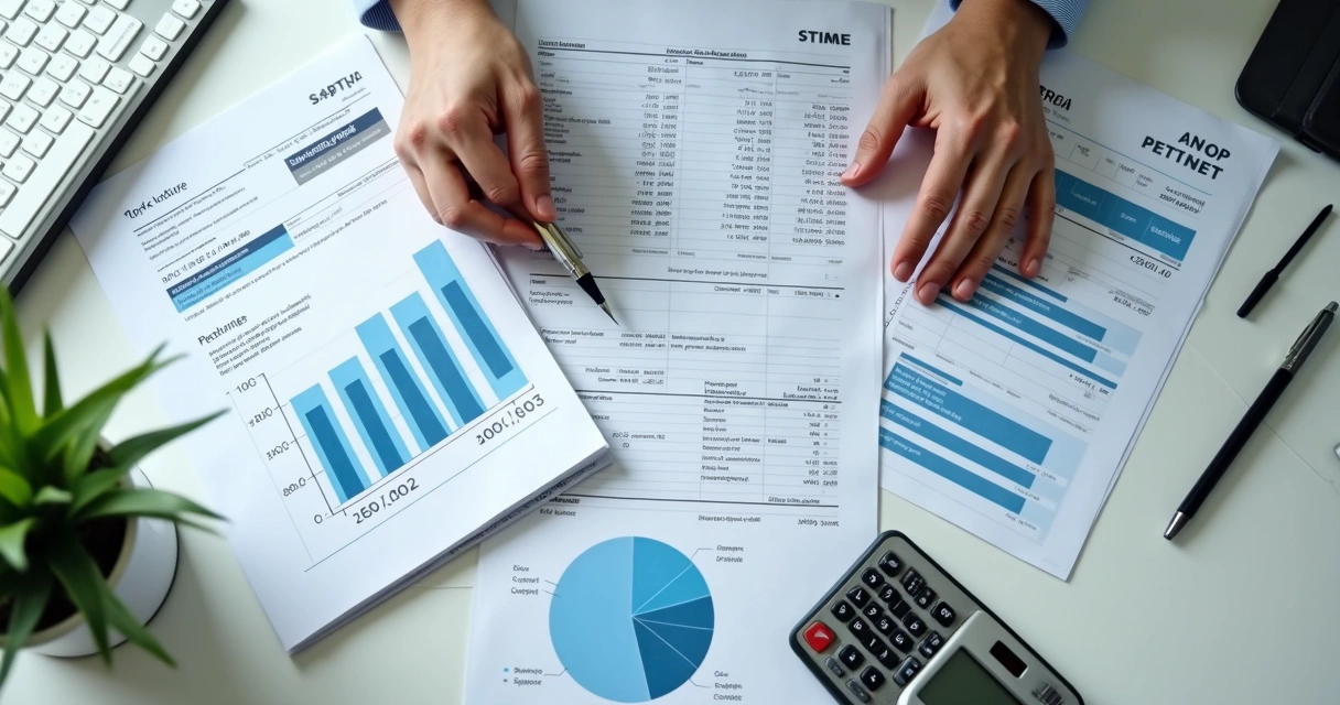 Planilhas financeiras, extrato bancário e calculadora sobre mesa de escritório 