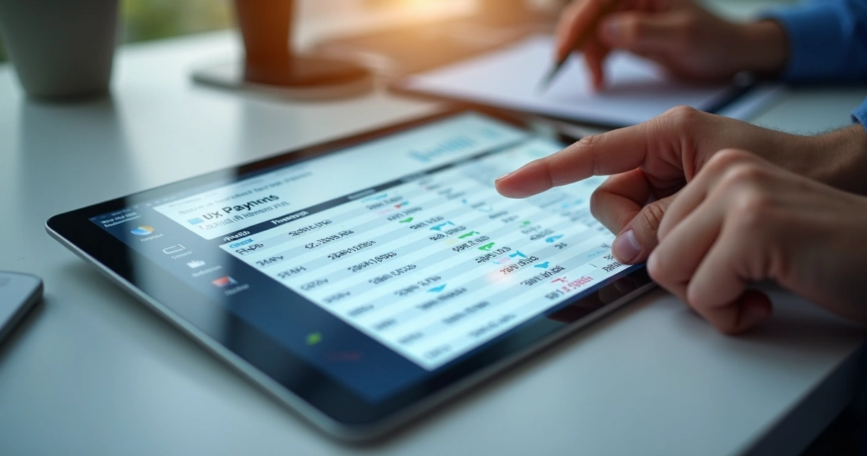Tablet mostrando tela de conciliação financeira via Pix 