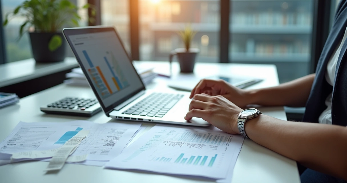 Empresário analisando relatórios financeiros e extratos de vendas 