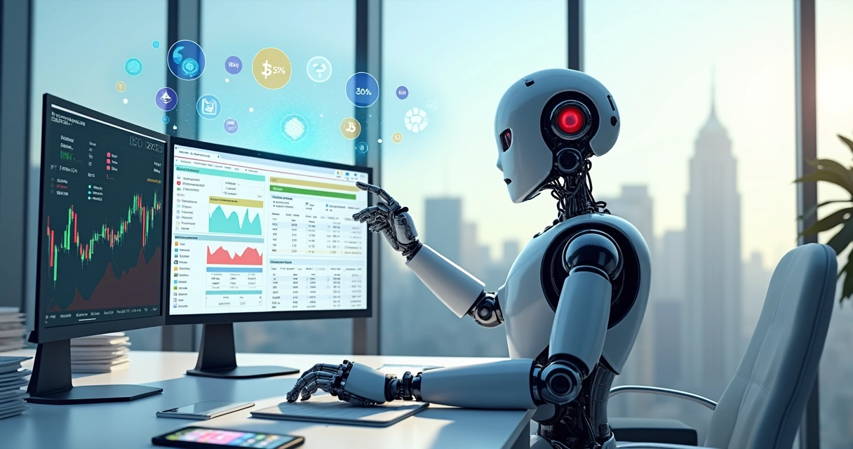 Ilustração de conciliação fiscal com robô de trading cripto e documentos digitais 