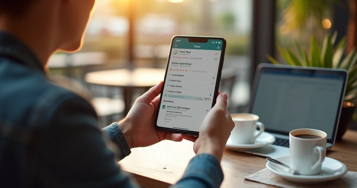 Empreendedor usando app de conciliação bancária em smartphone 