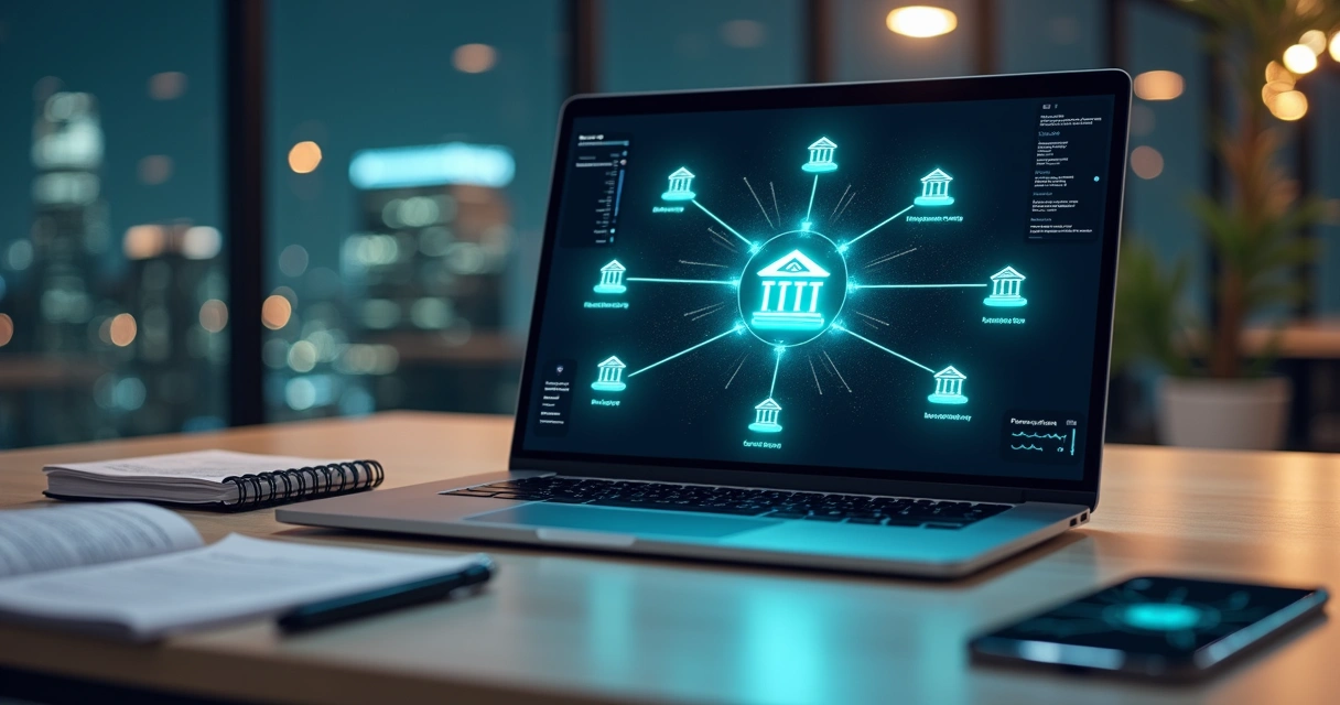 Mesa com laptop exibindo conexões digitais entre vários bancos 