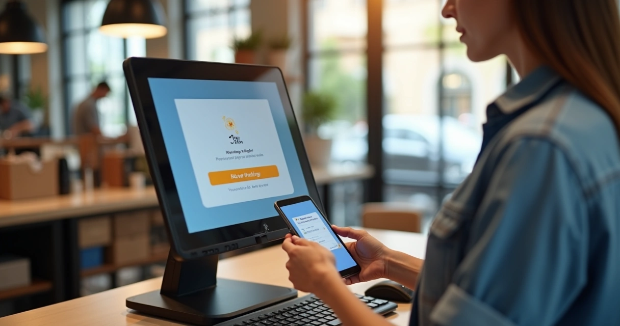 Operador de caixa usando computador para conciliar pagamentos Pix