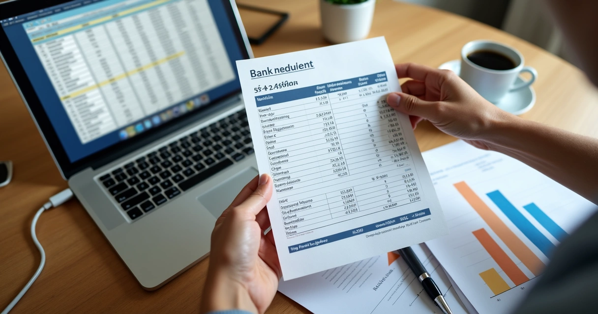 Pessoa analisando extrato bancário com planilhas em mesa de escritório.