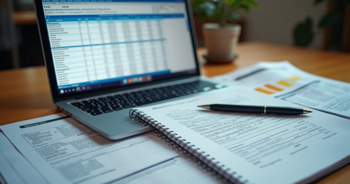 Planilha com extrato de vendas de marketplaces e relatórios financeiros ao lado de documentos fiscais