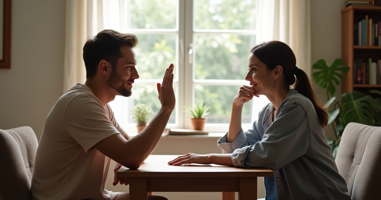 Pareja sentados frente a frente, mirándose a los ojos, uno haciendo un gesto de escucha activa y ambos mostrando calma y comprensión. 