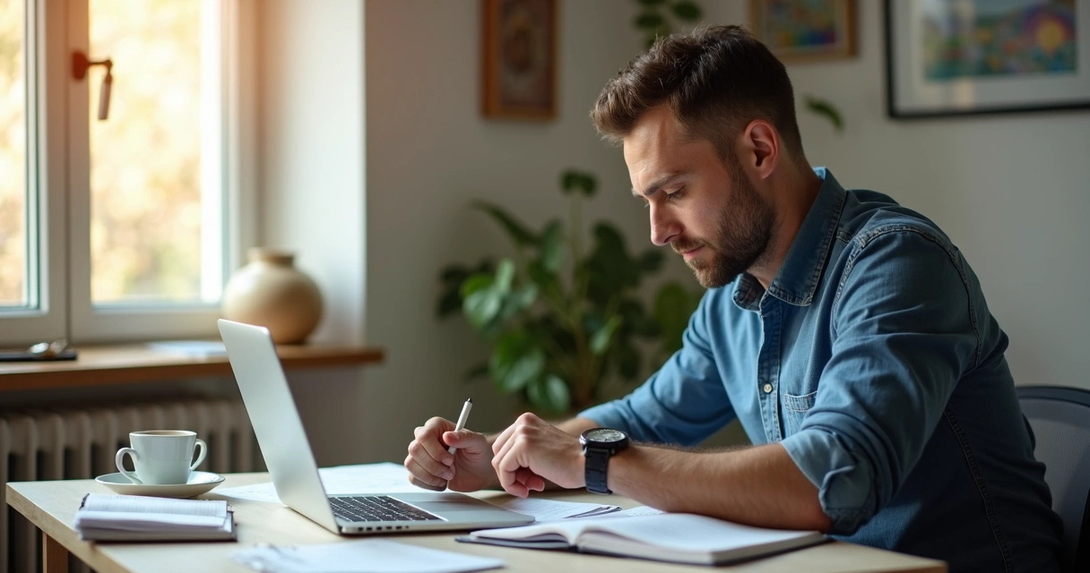 Pessoa revisando apostilas ao lado do notebook enquanto observa relógio de pulso 