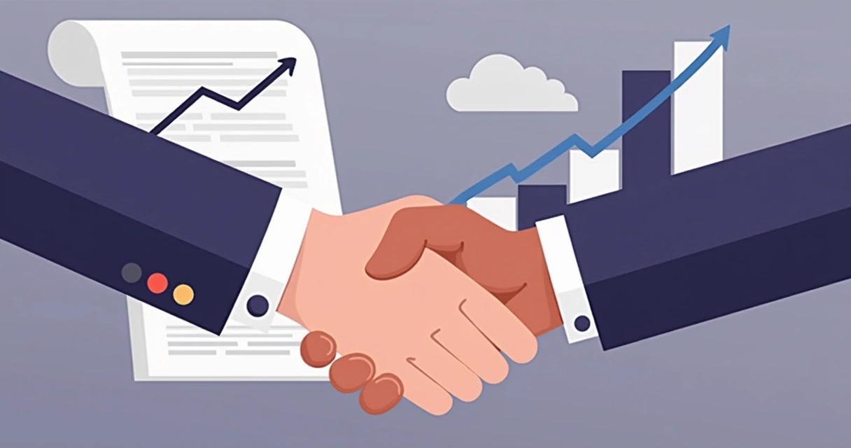 Aperto de mão entre empresa SaaS e parceiro, acordo fechado, papel de contrato e gráficos positivos ao fundo. 