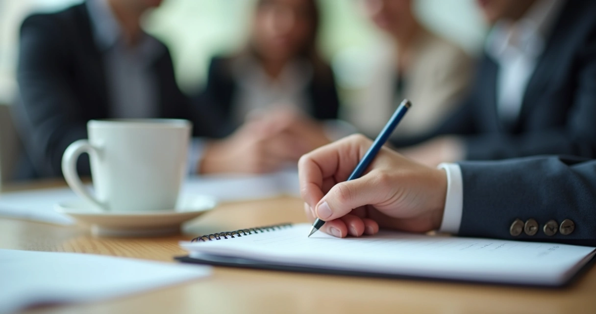 Mão escrevendo pontos finais de uma reunião em caderno 