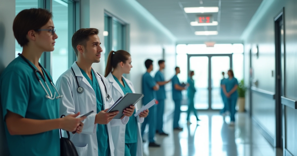 Jovens médicos esperando em fila para entrevista de emprego em hospital.