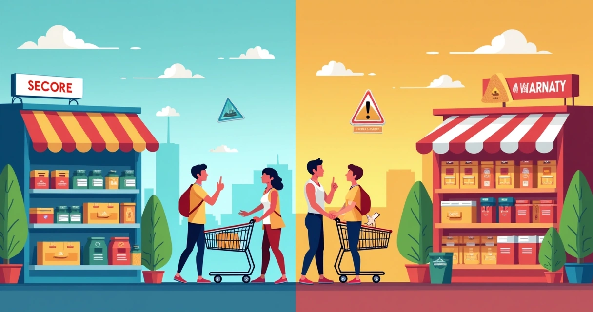 Ilustração de duas lojas virtuais, uma com carrinhos felizes e outra com sinais de alerta 