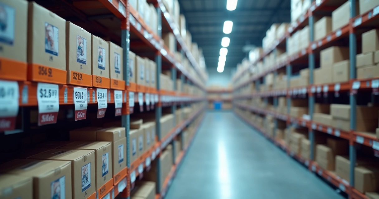 Diversos pacotes idênticos organizados em uma prateleira de armazém, simbolizando concorrência acirrada no marketplace.