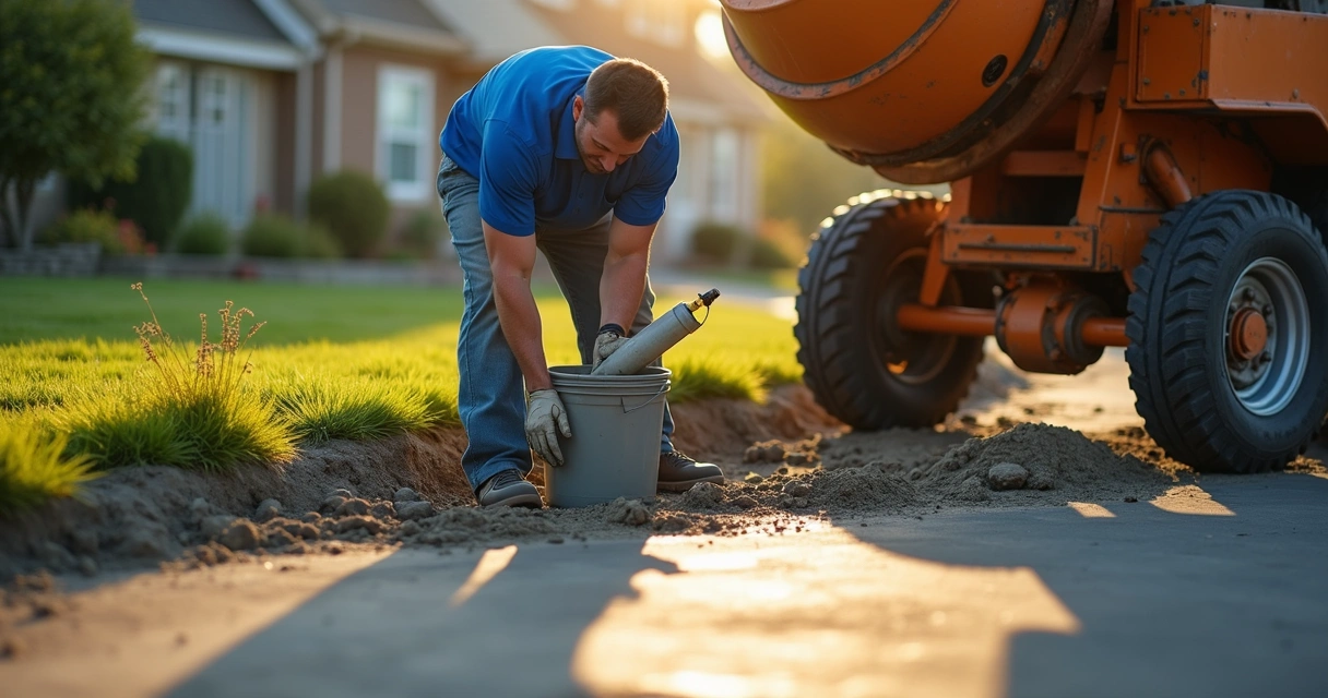 Worker pouring admixture into concrete mixer 