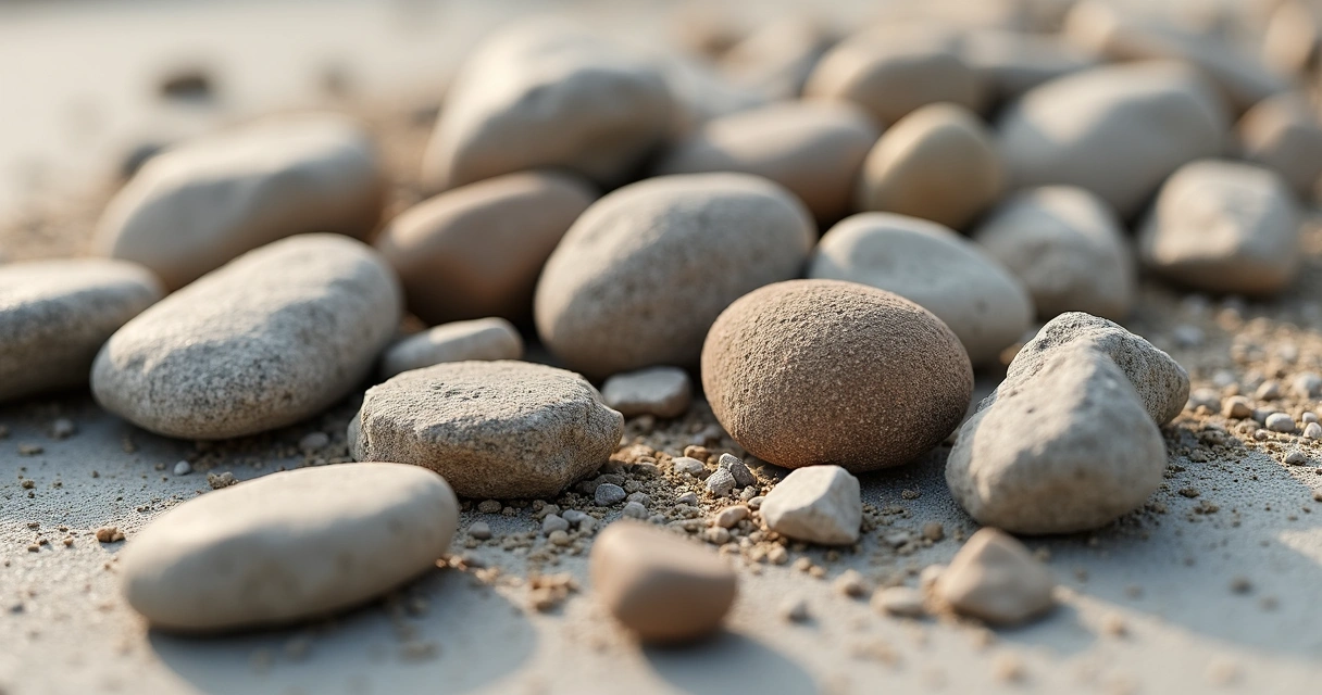 Close-up of various sizes of granite and limestone aggregate pieces.