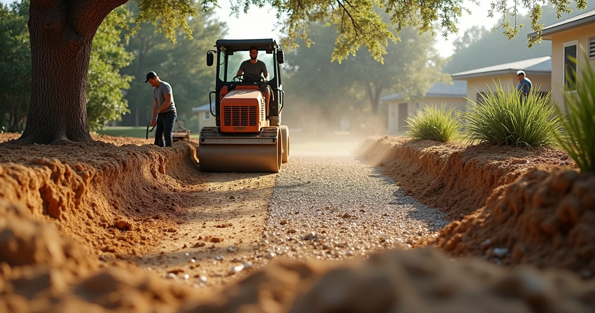 Compacted soil and gravel base for backyard concrete in Orlando 