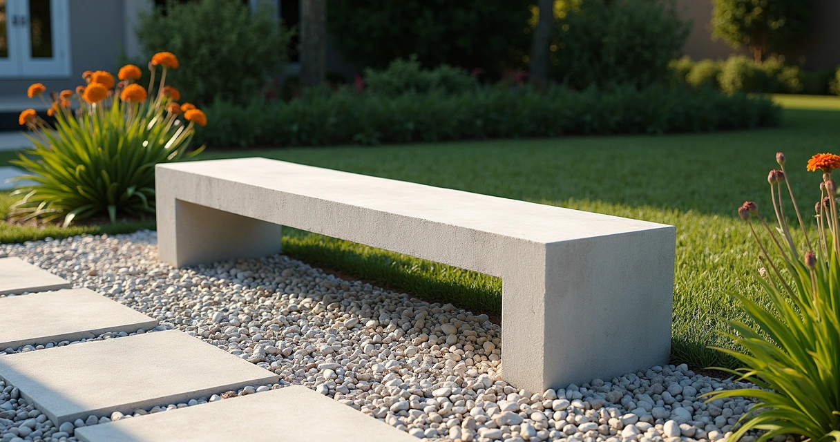 Concrete bench installed on garden pavers