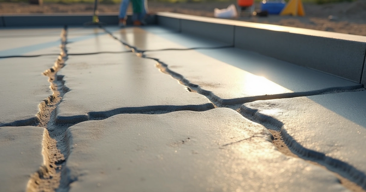 Close-up of a broom-finished concrete slab with a visible cold joint line running horizontally