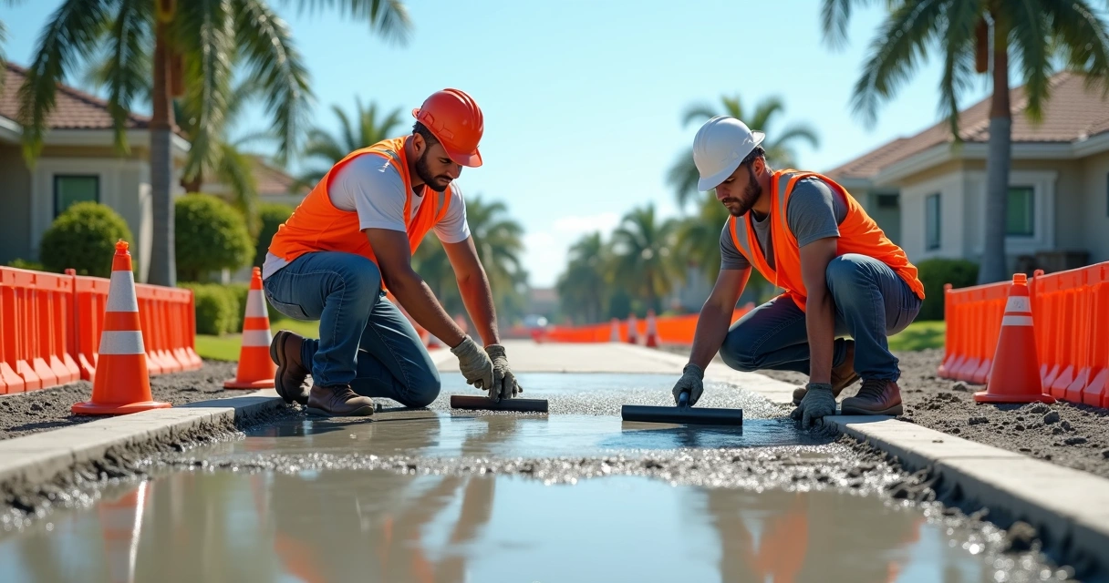 Concrete workers smoothing freshly poured driveway with construction equipment and orange safety cones around 