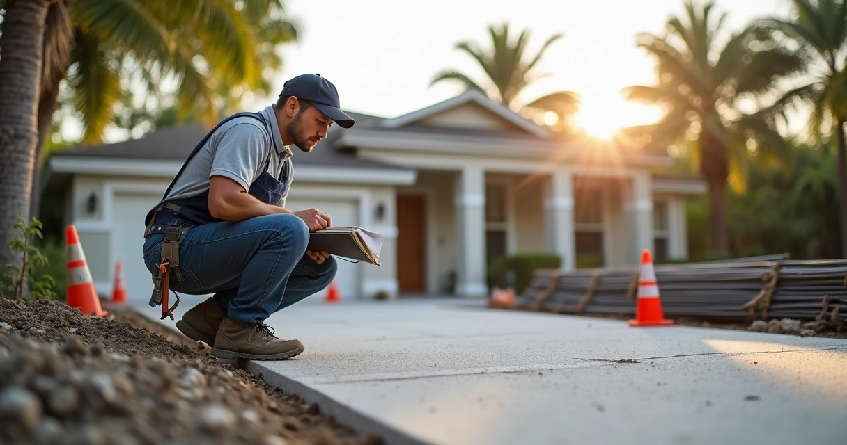Concrete contractor assessing driveway site, construction tools, clean jobsite, Florida home backdrop