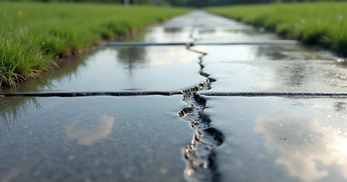 Close-up of a crack running through a concrete surface.