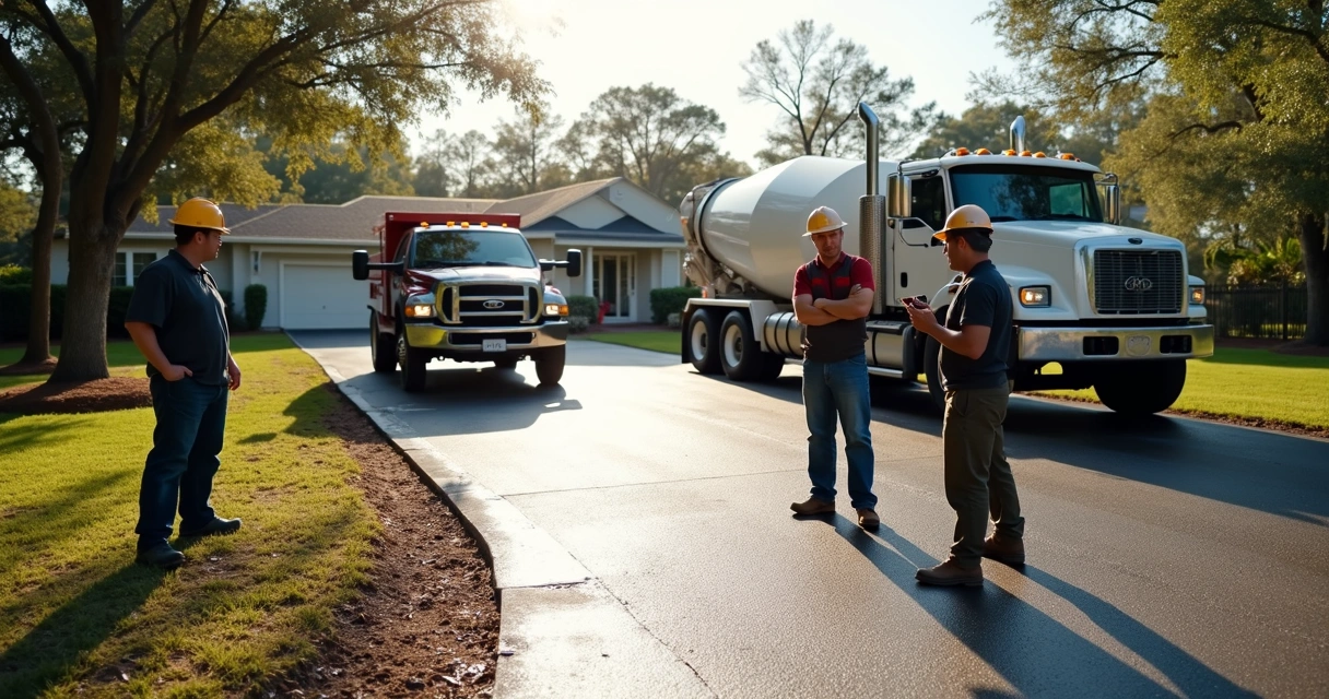 Concrete construction team timing and sequencing a pour for a driveway with trucks on site