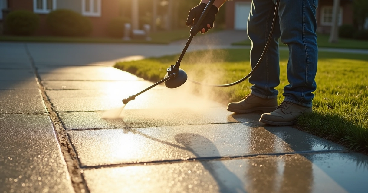 Worker applying curing spray to fresh concrete driveway 