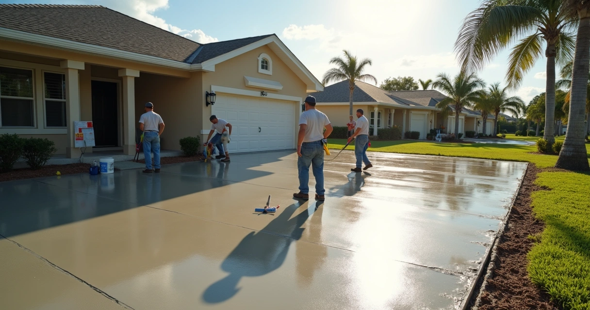 Concrete crew smoothing fresh slab in Florida landscape 