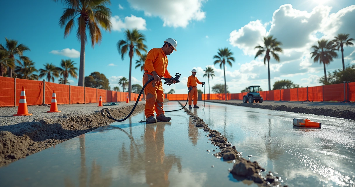 Concrete slab curing on sunny Florida construction site with workers and equipment 