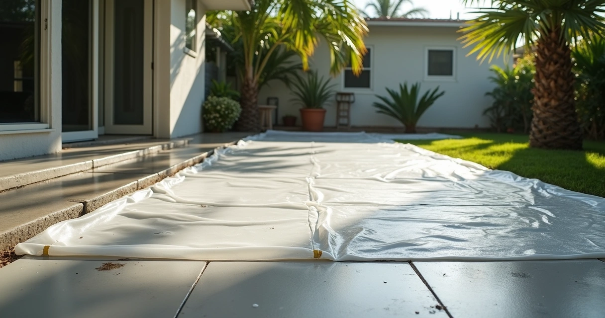 Plastic sheet covering curing concrete slab 