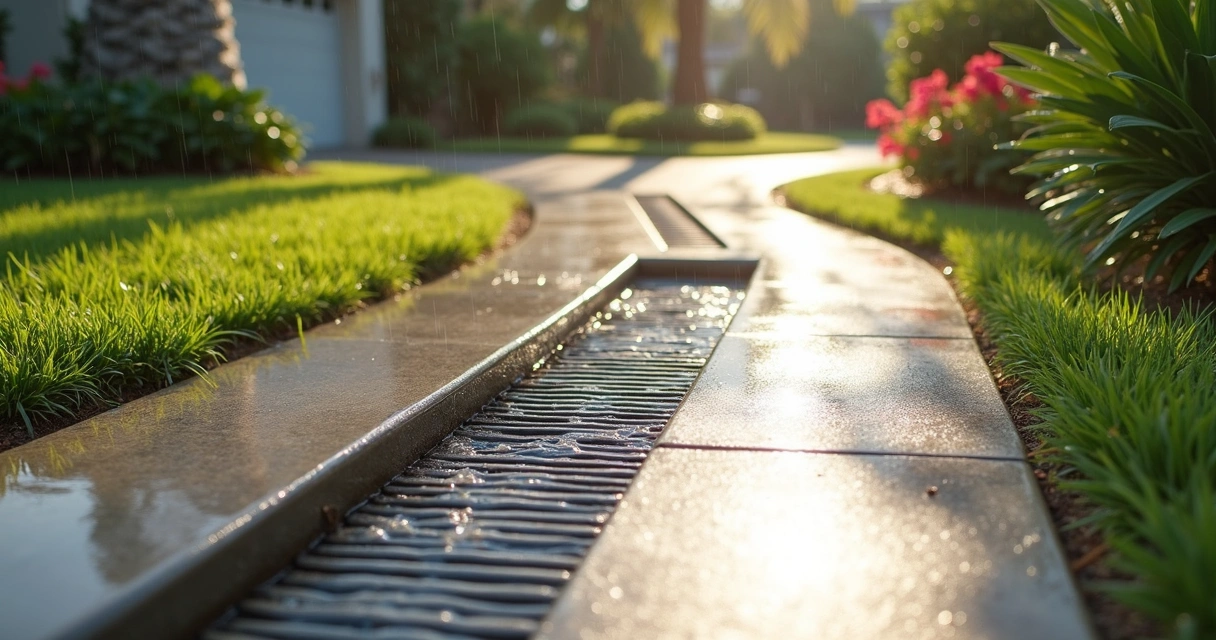 Modern driveway with integrated drainage system and lush Florida landscaping.