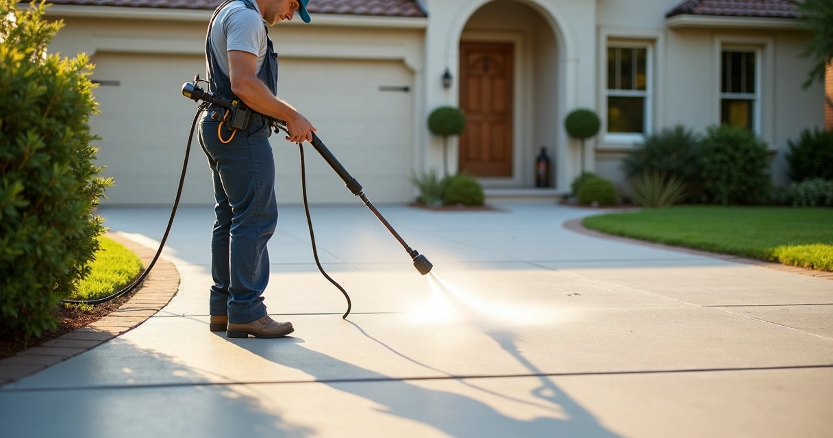 Concrete contractor applying sealer to driveway 