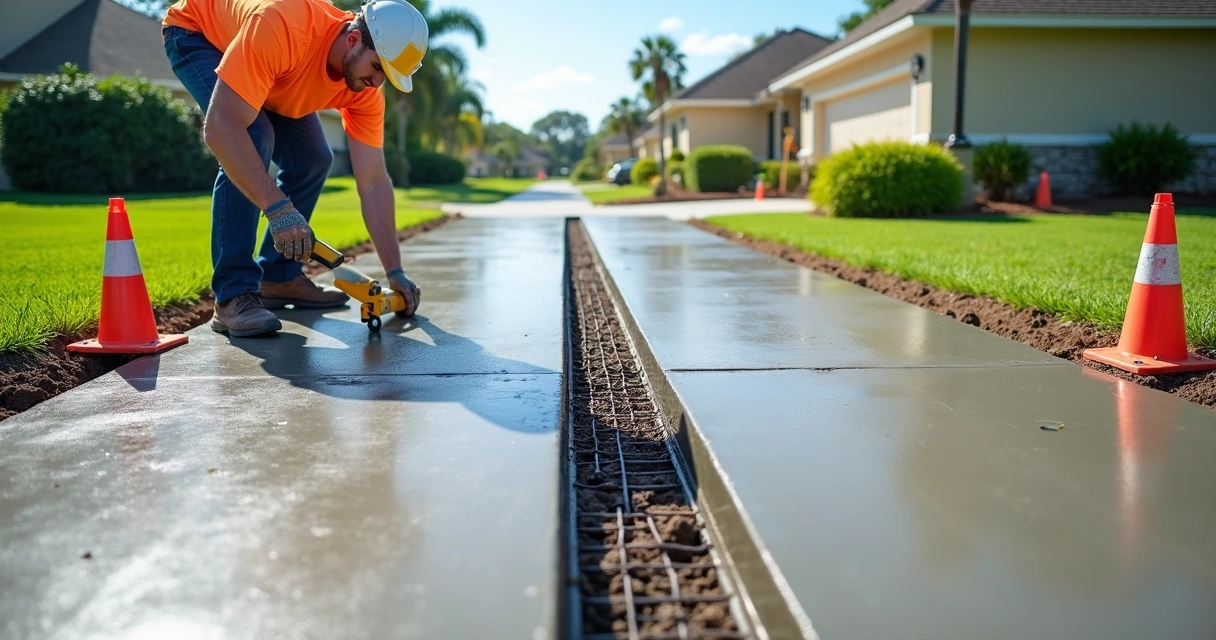 Concrete driveway construction with visible drainage channels in a sunny Central Florida residential area 