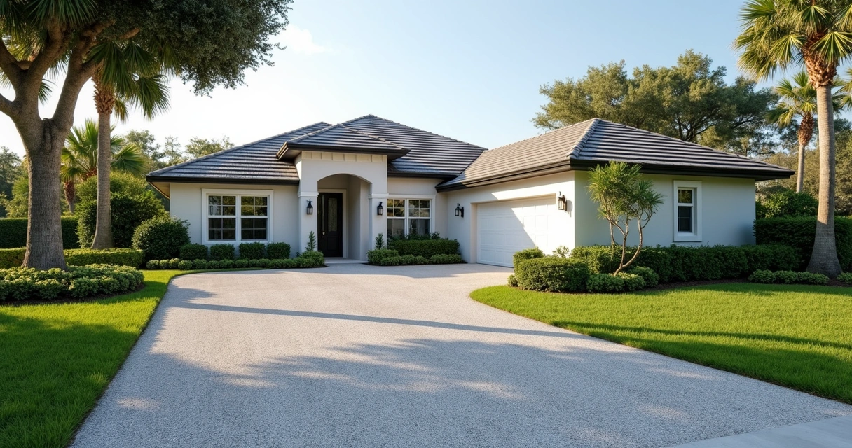 Modern concrete driveway with both exposed aggregate and brushed finishes in Central Florida 