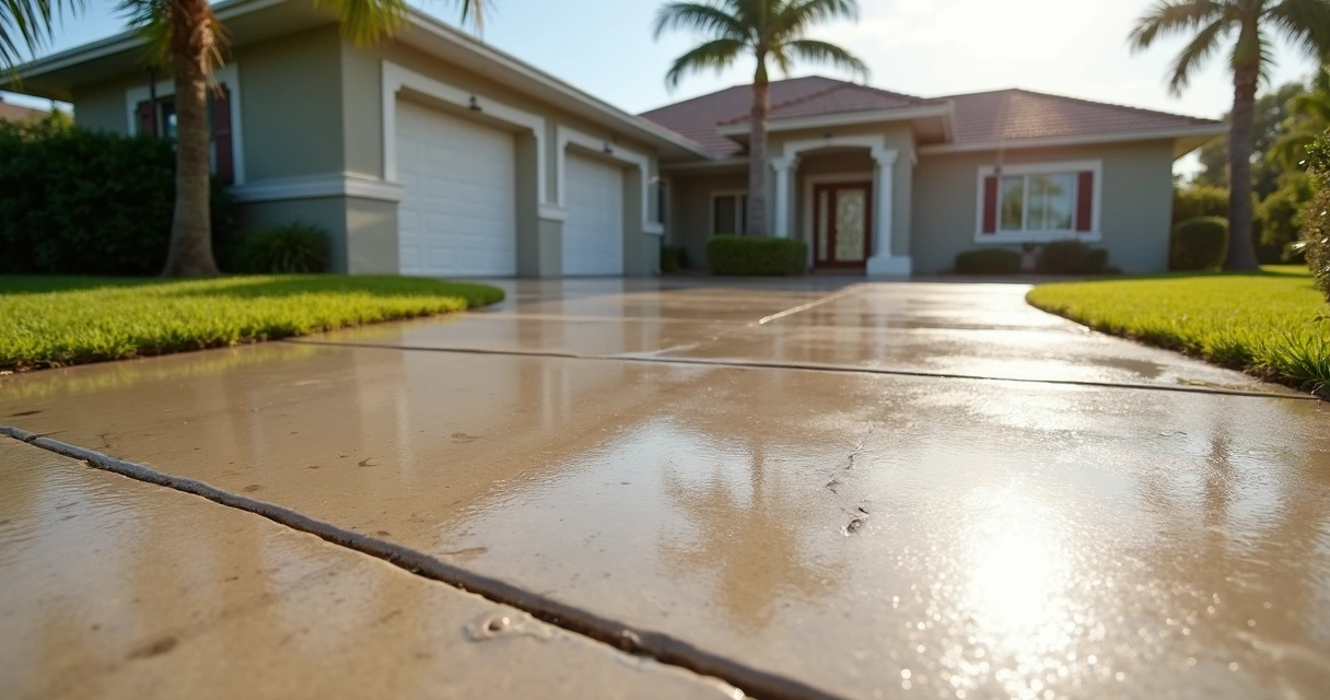 Concrete driveway with glossy coating and house in Central Florida