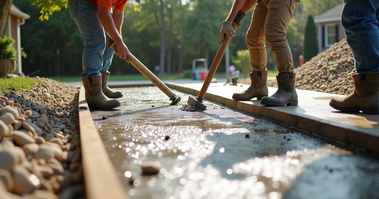 Workers leveling fresh concrete for a driveway 