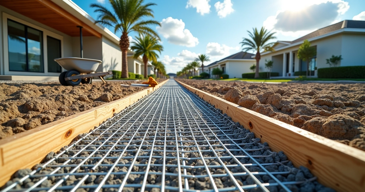 Concrete driveway under construction with wooden forms and compacted sub-base in sunny Florida residential setting 