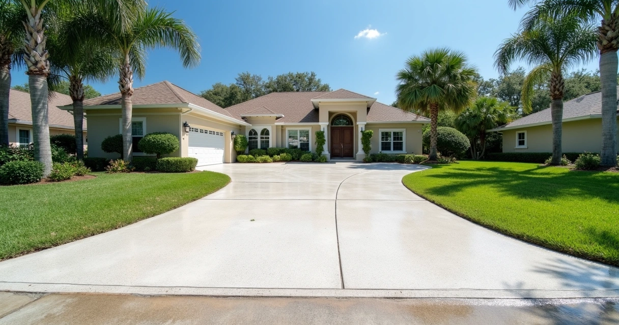 Concrete driveway with gentle slope and visible water runoff 