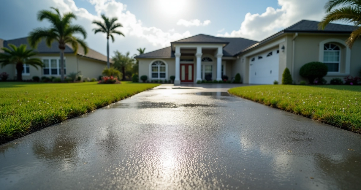Raindrops on freshly poured concrete driveway in Orlando 