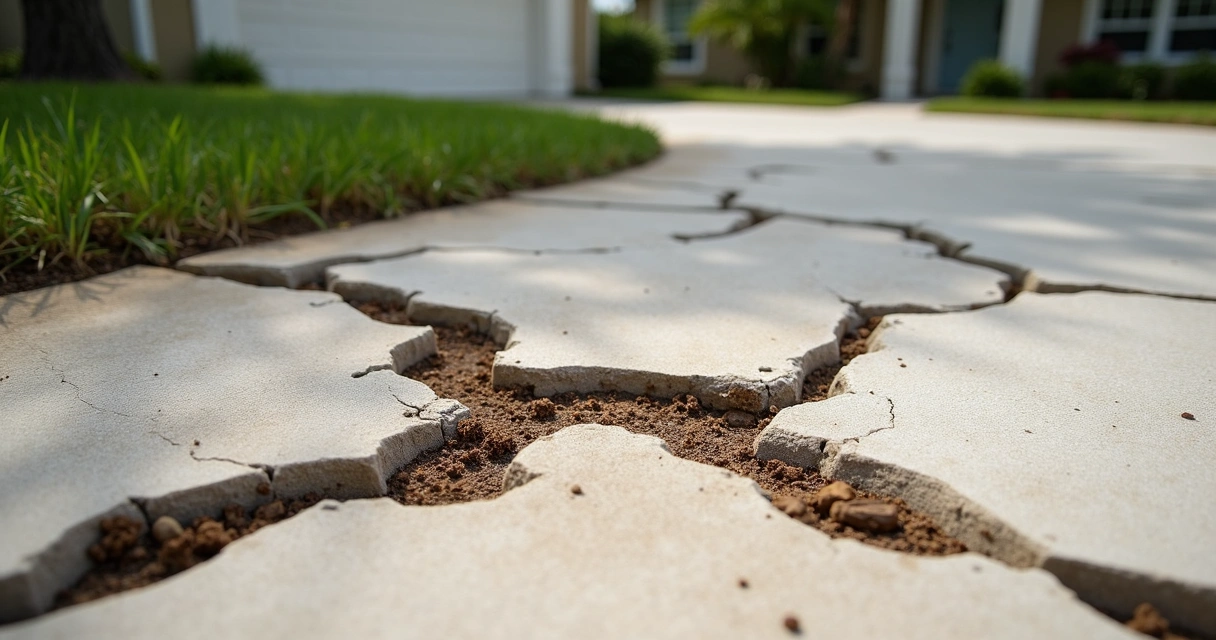Driveway with visible cracks and lifted sections from tree roots 