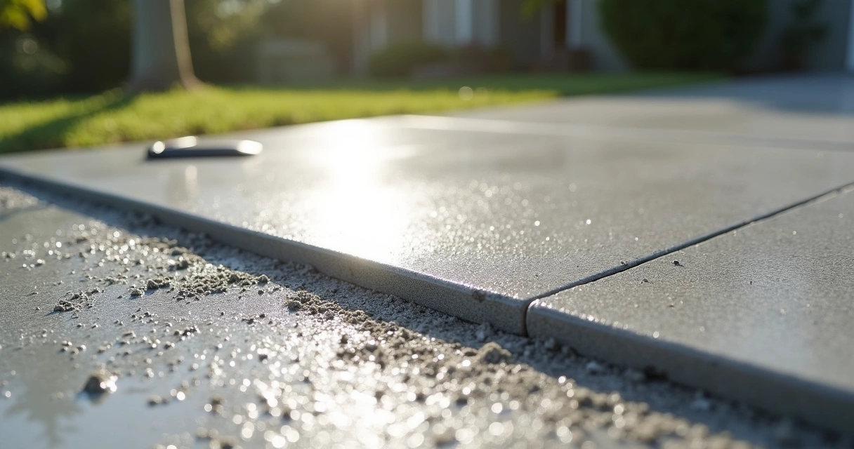 Close-up of concrete slab with synthetic fibers visible just below the surface 