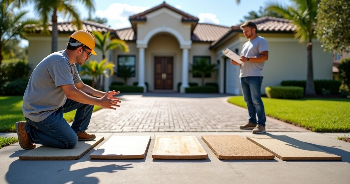 Contractor showing different concrete finishes to an Orlando homeowner on a driveway 