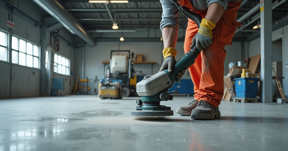 Contractor grinding concrete floor to prepare for epoxy coating 
