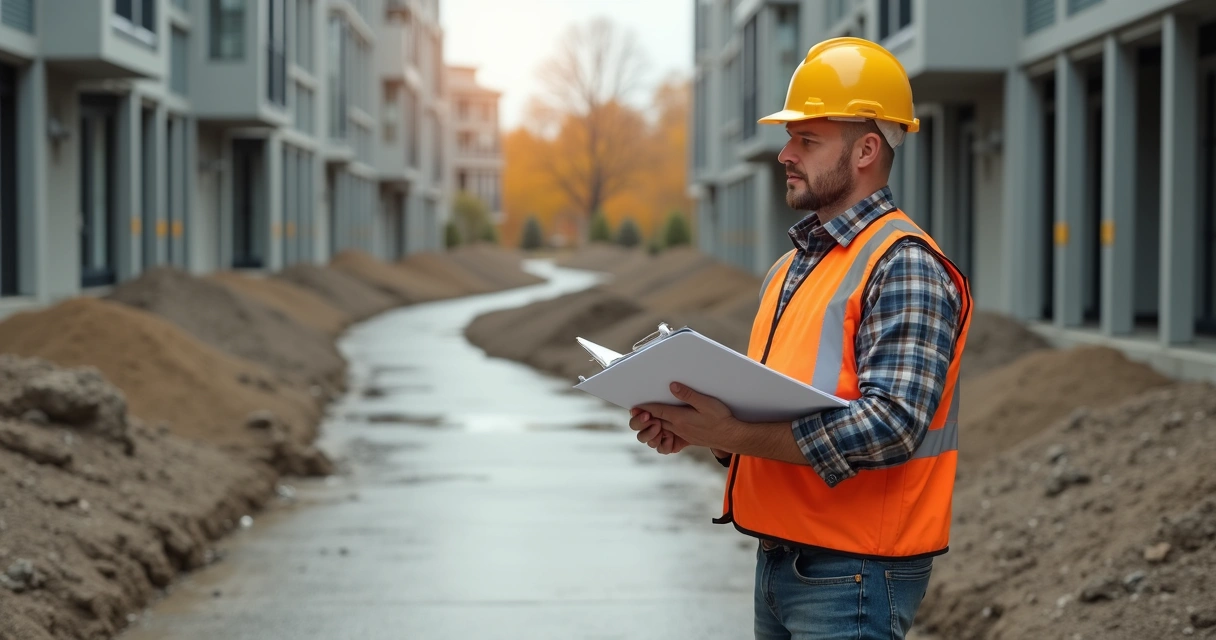 Construction inspector reviewing concrete driveway with measuring tools and clipboard 