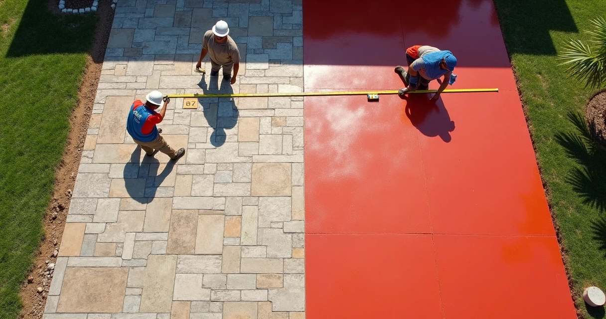 Construction site comparing stamped and colored concrete driveway costs